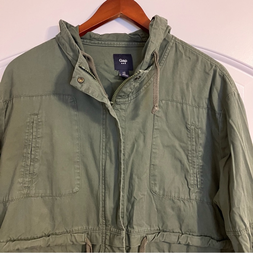 Gap Women's Utility Jacket Olive Baby Tweed Size Small 3/4 Sleeve Full Zip - Picture 4 of 10